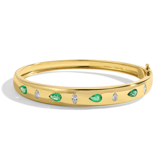 14kt Gold Bangle with Teardrop Emeralds & Diamonds