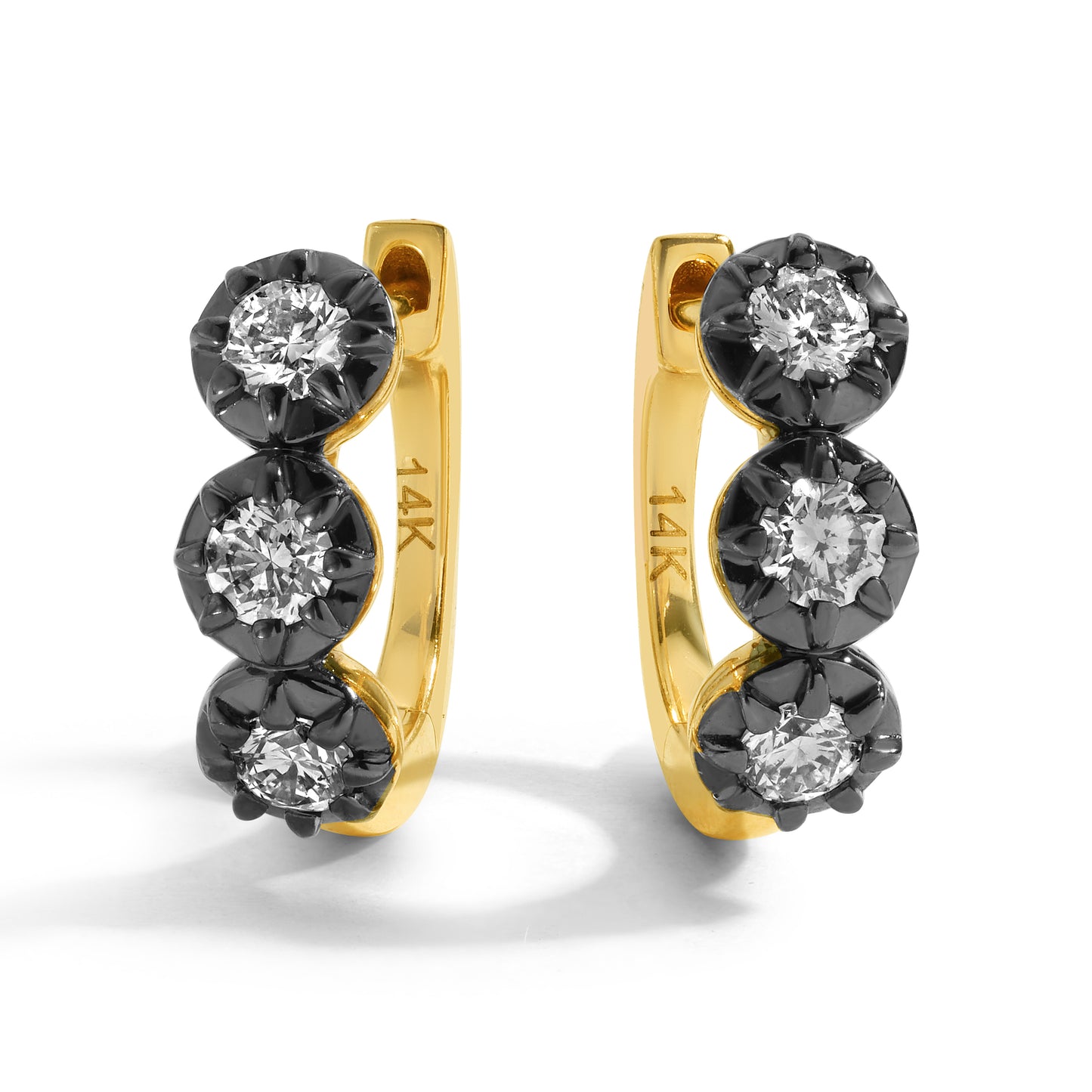 14kt Gold Huggies with a Stacked Trio of Diamonds and Black Rhodium Halos