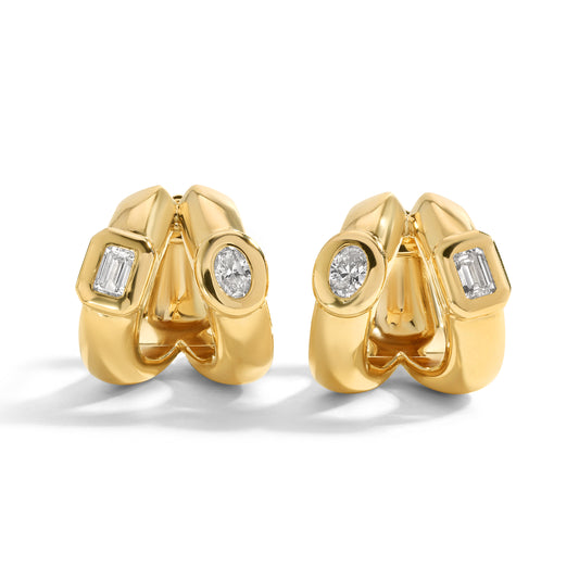 14kt Gold Double Huggie Earrings with Multi-Shaped Diamonds