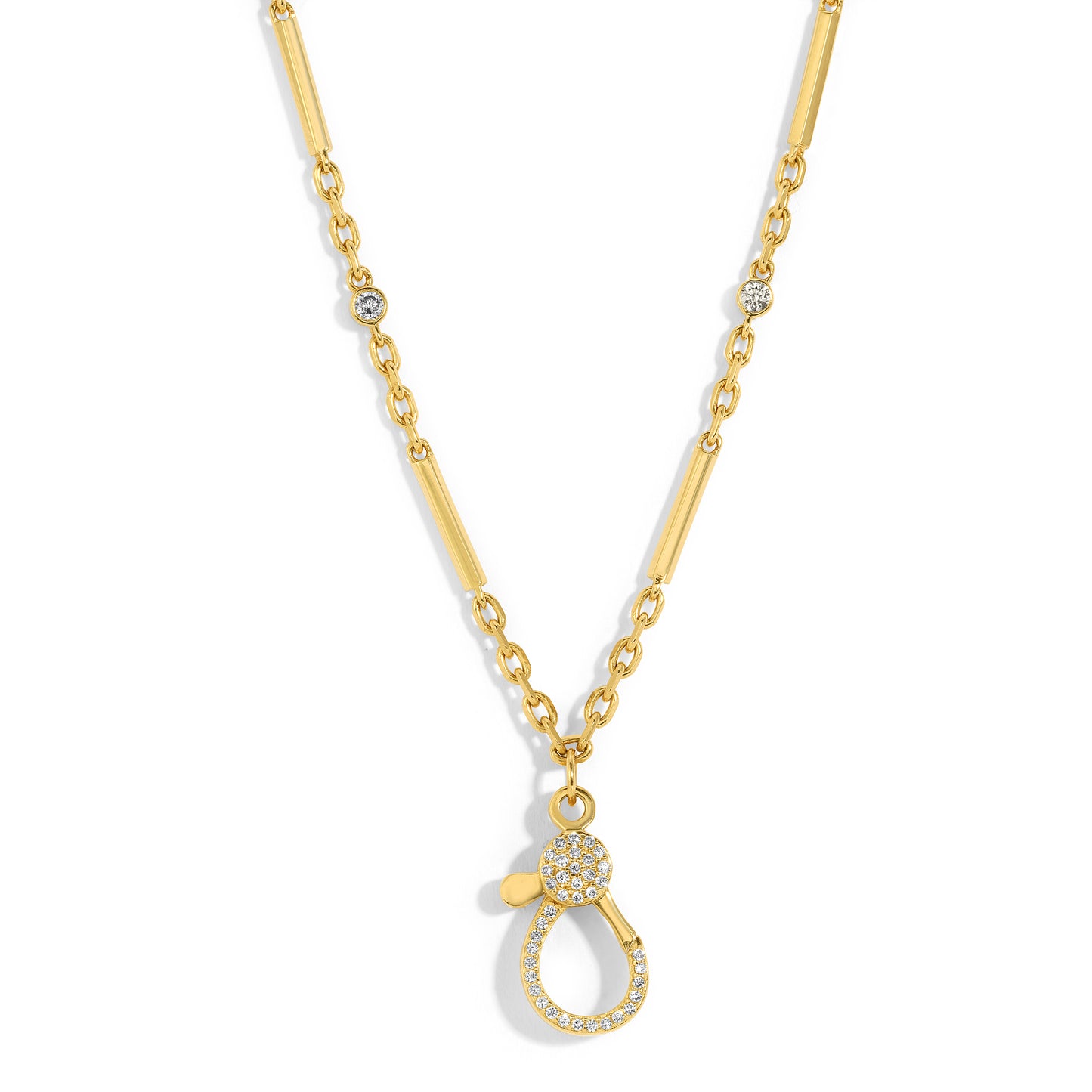 14kt Gold Bar Link Chain with Diamonds and Pave Diamond Clasp for Pendant