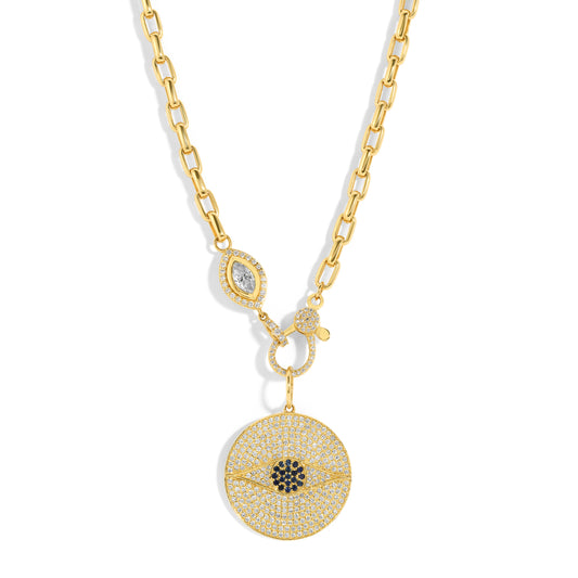 14kt Gold Necklace with Diamond Clasp & Sapphire Evil eye Pendant